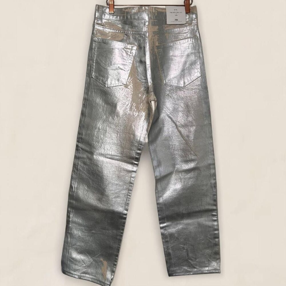 Zara Silver Relaxed Fit Straight Leg Mid Rise Boyfriend Jeans | Size 6 - Picture 3 of 8